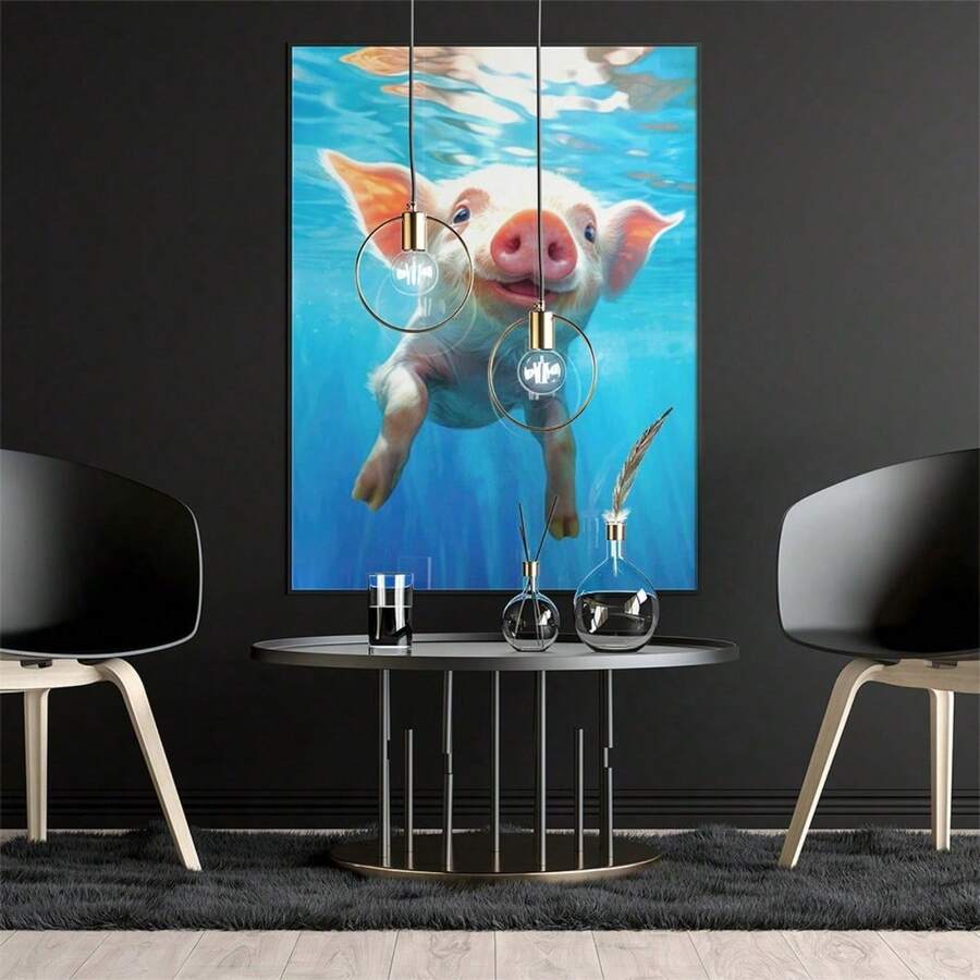 1 pieza Póster moderno, pintura en lienzo, cerdo, natación, pinturas para salas de estar, dormitorios y comedores, con marcos opcionales, obra de arte para pared, pinturas en lienzo y marcos reutilizables