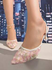 2025秋冬新款中国风白色高跟穆勒鞋，女士尖头蕾丝刺绣一脚蹬凉鞋，优雅，女士高跟鞋，优雅，派对装扮，婚礼装扮 - 粉色 - 查看 7