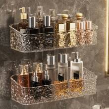1pc Ice Texture Bathroom Square Shelf, Wall Mounted Transparent Storage Rack For Vanity, Shower Room, Kitchen, No Drilling Required Back To School