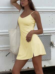 Summer Sports Tennis Dress For Women, Solid Color, Fitted Shoulder Strap, Slit, Simple And Casual Women's Butter Yellow Short Dress - Yellow - View 6