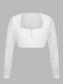 ii Women's Bavarian Oktoberfest Costume Traditional Dirndl Blouse Beer Garden Square Neck Lace Crop Top, Halloween