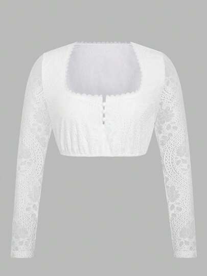 ii Women's Bavarian Oktoberfest Costume Traditional Dirndl Blouse Beer Garden Square Neck Lace Crop Top, Halloween