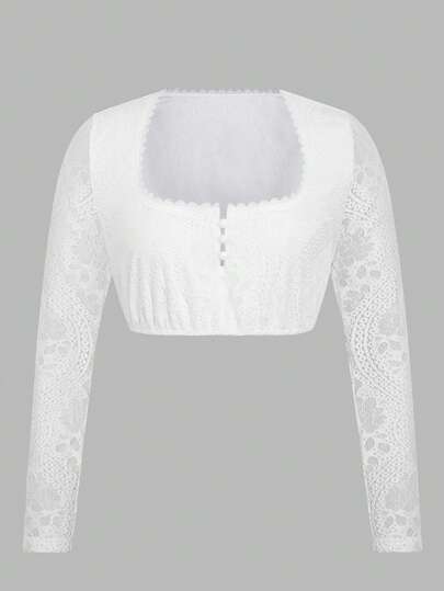 ii 女士巴伐利亚啤酒节服装传统连衣裙啤酒花园方领蕾丝短款上衣，万圣节