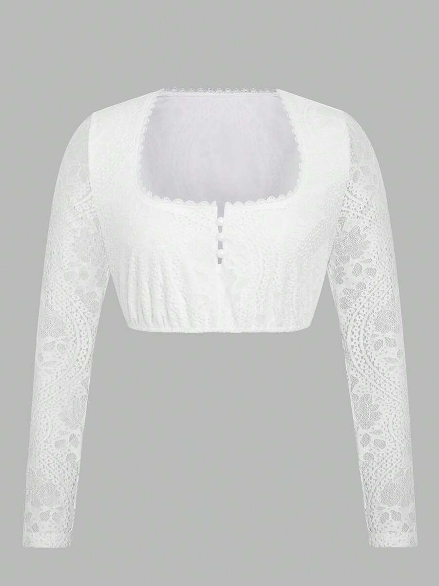 ii Women's Bavarian Oktoberfest Costume Traditional Dirndl Blouse Beer Garden Square Neck Lace Crop Top, Halloween