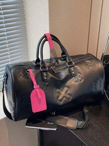 1pc Fashionable & Versatile Large Capacity Solid Color PU Leather Embossed Thick Padded Travel Bag, With Contrast Color Luggage Tag Pendant Design, Suitable For Men And Women, Ideal For Leisure Travel, Business Trip And Back To School, Can Hold School Supplies And Accessories - Multicolor - View 8