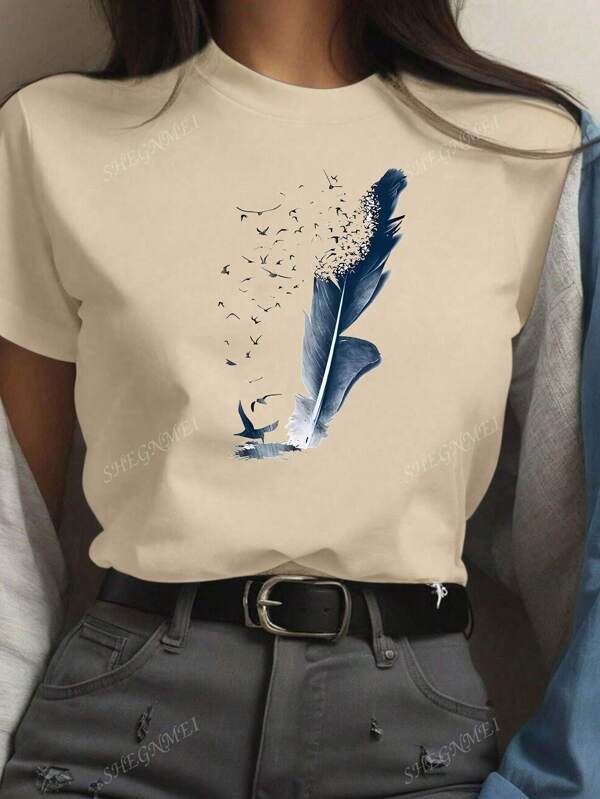 Feather Print Round Neck Short Sleeve Casual Top, Nature Lover Gift For Women