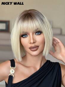 NICKY WALL Short Straight Blonde Bob Wig-12 Inch Elegant Wig With Bangs Dark Roots - Heat-Resistant Synthetic Fiber Wigs For Parties, Mother's Day - Easy Care For All Occasions(1Pc Hairnet For Free)