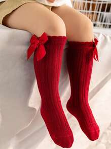 5 Pairs Simple Solid Stripe Kids Long Tube Socks, Non-Slip Ruffle Cuff Toddler Bow Mid-Calf Socks