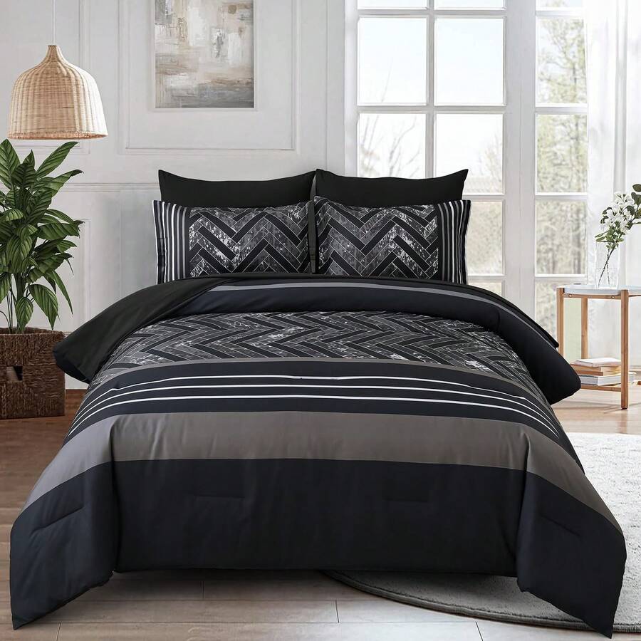 7 Pieces Grey/Blue/Black Striped Comforter Sets Queen King Bed In A Bag Warm Soft Microfiber Complete Bedding Sets With Sheet Set And Pillowcase For All Seasons - Black - View 1