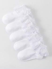5 Or 1 Pair Girls Lace Trim Ankle Socks, Breathable Mesh Embroidered Short Socks, Fresh Floral Princess Style, Fashion , Soft & Comfortable, Versatile For Home, Outings, Dance Performances, Holidays, Back To School, Daily Wear - White - View 5