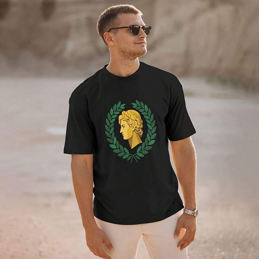 Uni Apollo Laurel Wreath T-Shirt Vintage Print T-Shirt Greek Mythology Literature Short Sleeve Mythology T-Shirt___220g High-Quality Pure Cotton T-Shirt With Minimalist Printing, Soft And Breathable Fabric, Comfortable And Loose, Suitable For All Day Wear, Suitable For Office Casual Wear, Spring And Summer Daily Appearance, Elegant And Youthful Design - Black - View 1