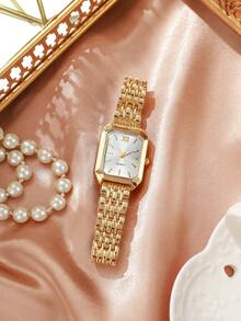 1pc Women's Fashion Casual Square Dial Steel Band Quartz Wrist Watch, Chic Style (Excluding Watch Box)