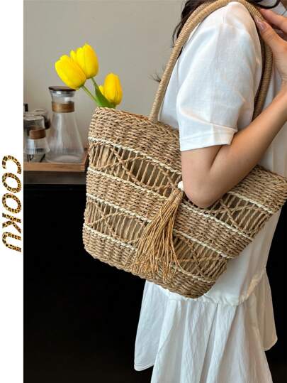 Bolsa de praia feminina de palha trançada à mão, grande capacidade, bolsa de ombro único