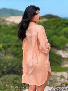 Plain Chemise Shirt Beach Cover-Up - Nude - View 3
