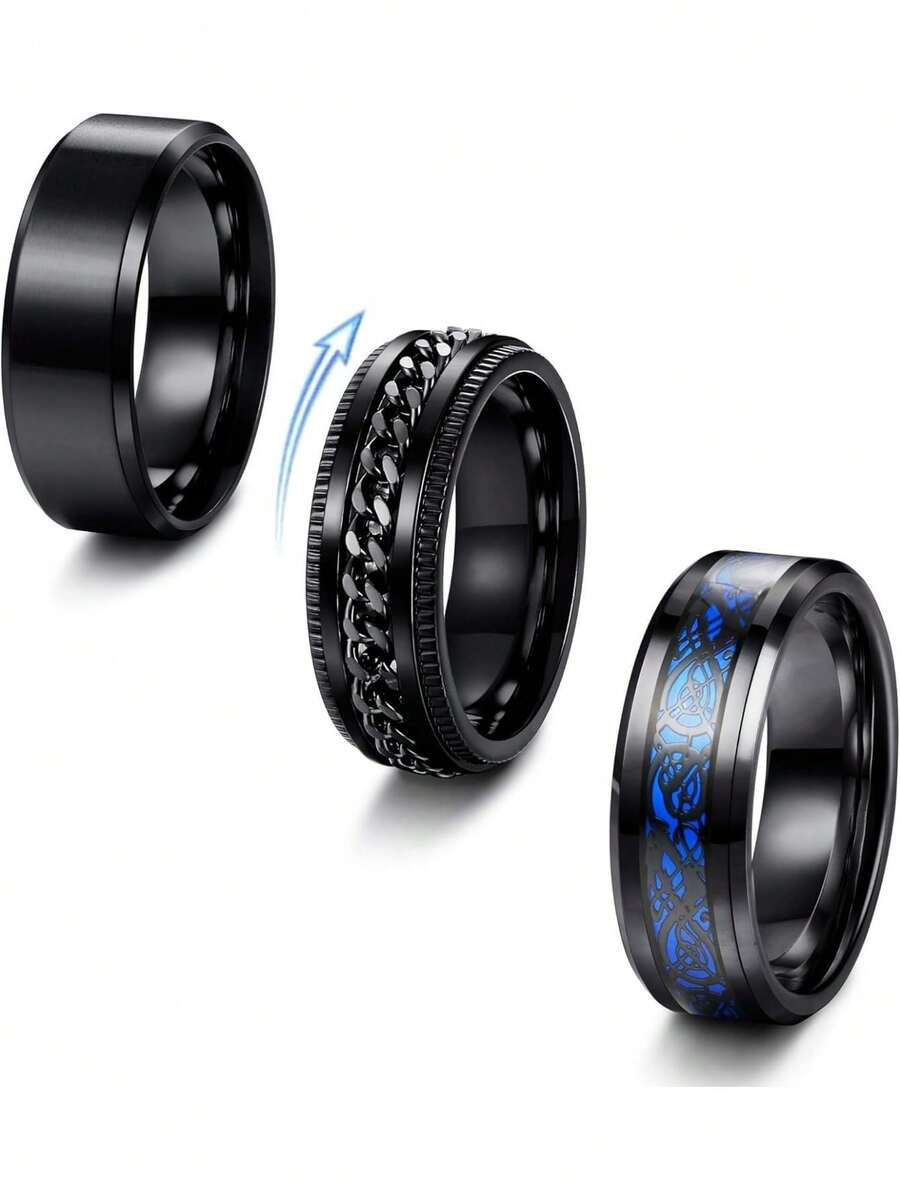 Milacolato 3 Fidget Rings Men Stainless Steel Spinner Ring Black Cool Twisted Chain Anxiety Rings Celtic Dragon Band Ring Beer Bottle Opener Rings Wide Band Ring 8mm Wide - Black - View 1
