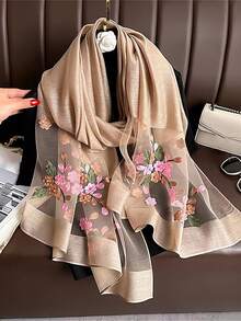 1pc Floral Embroidered Pearl Silk Scarf, New Fashionable & Elegant Woven Shawl For Women, Sunscreen Headscarf, Beach Cover Up' For Dress - Multicolor - View 7