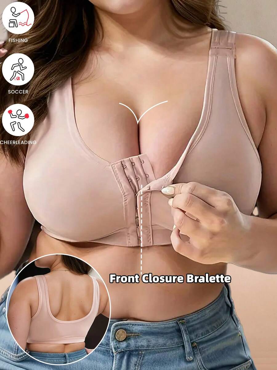 1 件前开扣加大码文胸优雅涤纶针织面料中等弹性纯色贴花细节无线无衬垫女式背心