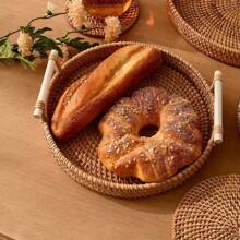 1pc Round Hand-Made Cane Storage Tray, Japanese Solid Color Wicker Decoration With Handle, Table Breakfast, Coffee, Drinks, Snacks Fruit Storage Tray, Suitable For Table And Home Desktop Decoration