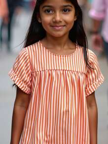 Spring/Summer Casual Striped Print Woven Dress For Tween Girls Versatile Daily Outdoor Breathable Comfortable Childrenswear, Minimalist Stylish Cute Outfit, Suitable As Holiday Gift