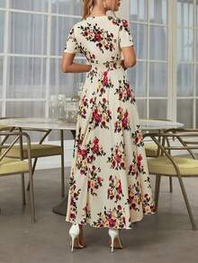 Rusttydustty Spring And Summer New Women's Plus Size Apricot Print Lotus Leaf Sleeve Single-Breasted Tassel Rope A Word Big Swing Long Dress Party, Seaside, Holiday, Music Festival - Apricot - View 3