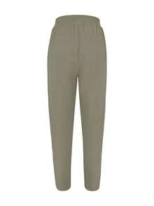 Women Solid Color Elastic Waist Tie Up Pockets Straight Leg Casual Pants For Beach, Work, Home - Grey - View 5