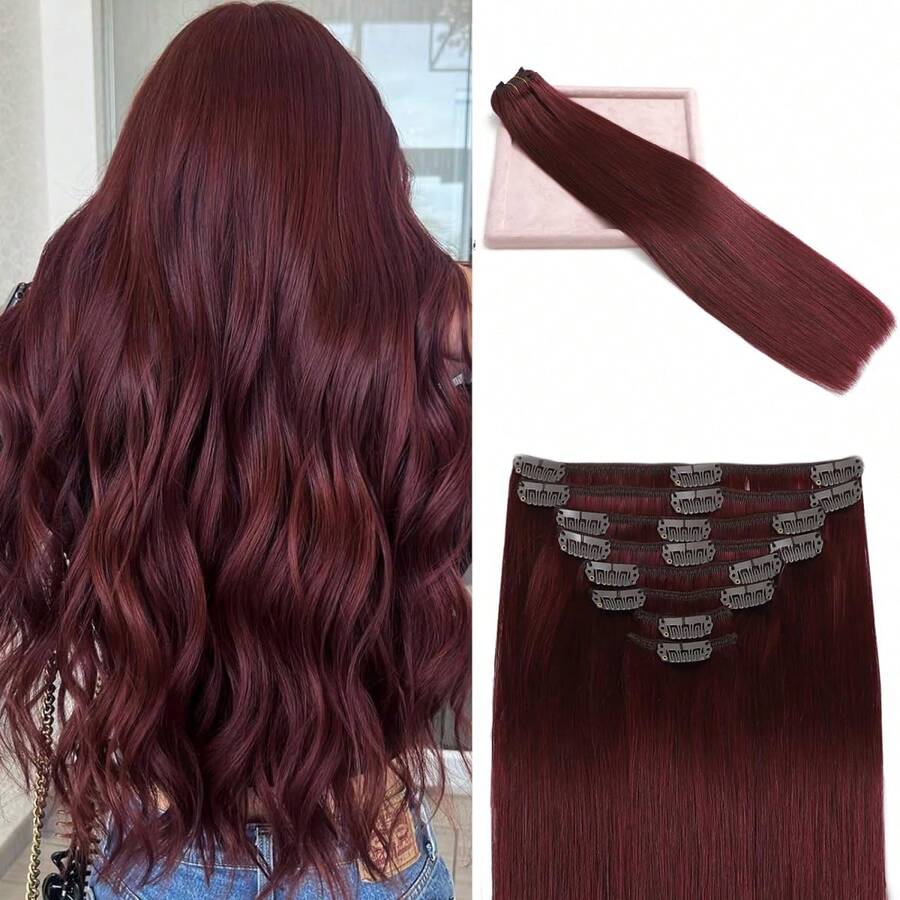 Clip In Hair Extensions Real Human Hair, 100g 100% Remy Human Hair Clip In Extensions For Women, Invisible Straight Seamless Clip Ins Hair Extensions 8pcs Double Weft #99J Burgundy - Burgundy - View 1