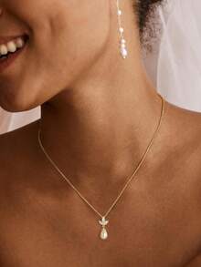 1 件女士银珍珠吊坠项链，优雅新娘项链适合女士、女孩、日常穿着、婚礼和派对。送给亲戚、朋友、伴娘的绝佳礼物 - 珍珠鋯石吊墜項鍊 - 查看 10