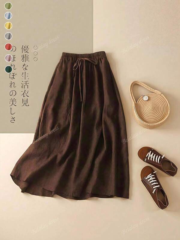 Women's Casual Beach Holiday Mid-Length Skirt, Elastic Waist Bohemian Loose Fit Solid Color, Suitable For Daily Commute, Beach Vacation