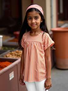 Spring/Summer Casual Striped Print Woven Dress For Tween Girls Versatile Daily Outdoor Breathable Comfortable Childrenswear, Minimalist Stylish Cute Outfit, Suitable As Holiday Gift