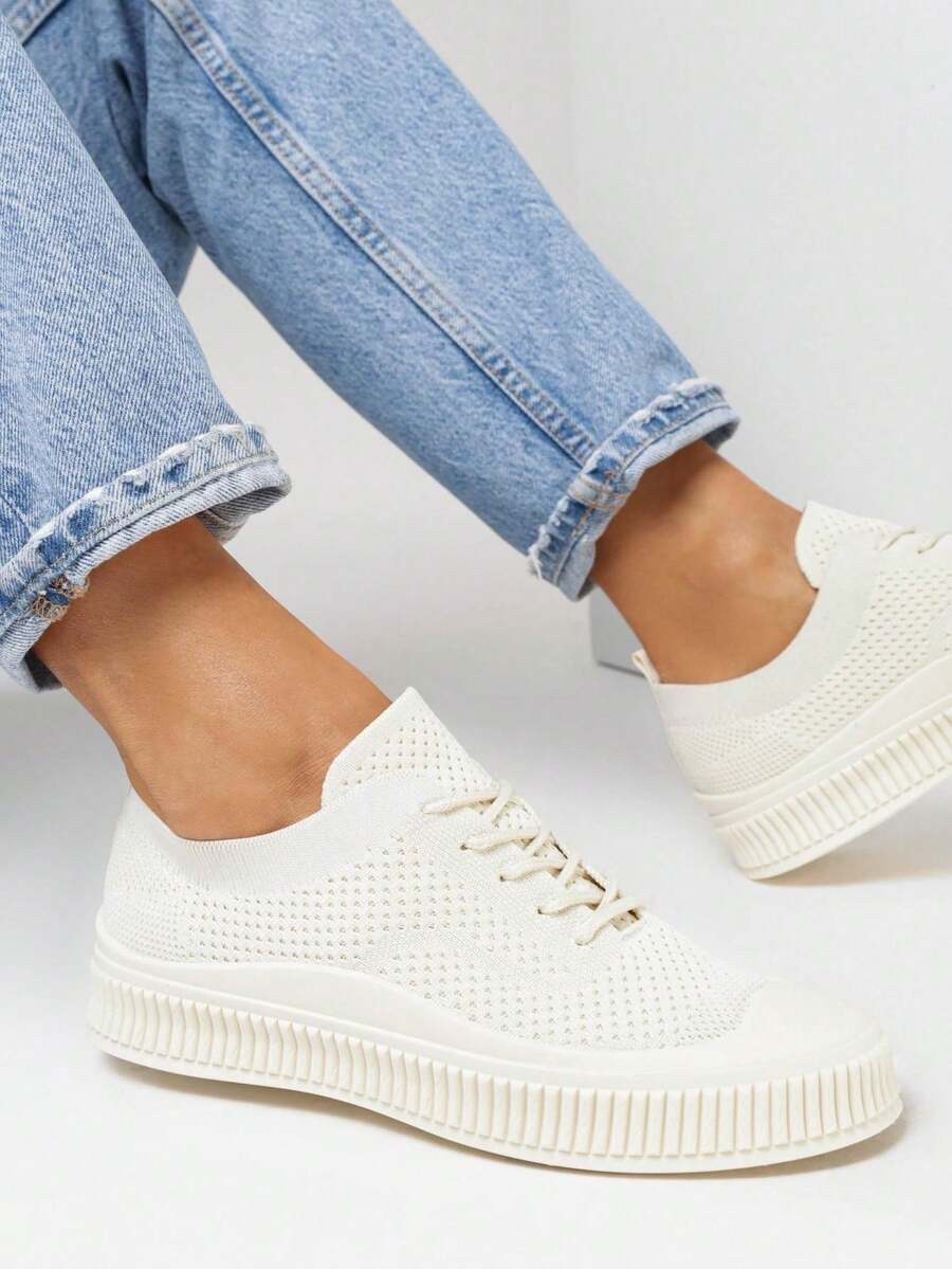 Mesh Sneakers With Embossed Sole For Daily Wear - Beige - View 1