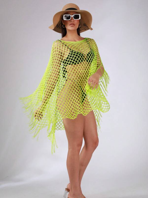 1 Peça Poncho de Praia Feminino Trançado com Franjas, Vazado, para Verão