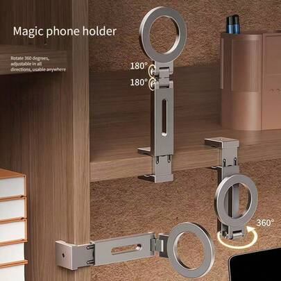 Magnetic Phone Holder, Magsafe Portable Travel Stand, Foldable Telescopic 360 Degree Rotation, Airplane Luggage Desk Universal Multi-Function Mini Metal Phone Holder