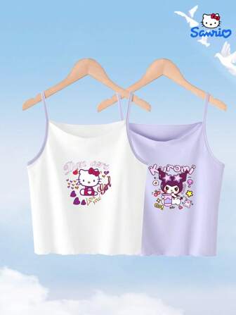 Sanrio Sanrio Authorized Hello Kitty en Kuromi Print Paars Vest Set van 2 Stuks, Meisjes Basis Top, Lief en Schattig, Gemaakt van Comfortabele Stof, Zeer Geschikt voor Dagelijks Thuisgebruik, Is Het Perfecte Cadeau Voor Dochters En Vrienden