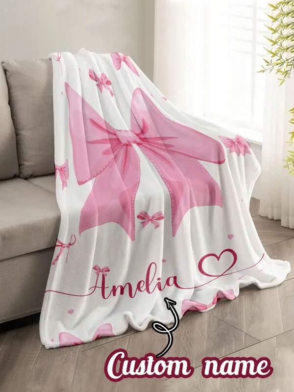 1pc Personalized Pink Bow Blanket, Girls Customized Name Blanket, Soft And Cute Aesthetic Gift, Girls Bedroom Decoration, 8 Sizes, Gift Child, Children, Kids, Boy, Girl, Unique Ideal Gifts, Him/Her, Family, Friends, Son, Daughter, Anniversaries, Children's Day