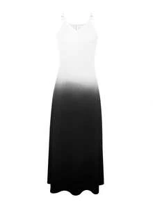 Robe décontractée à bretelles fines avec imprimé dégradé pour femmes grandes tailles, robe ample sans manches à encolure en V, tenue d'automne décontractée pour soirée - Noir et Blanc - Voir 2