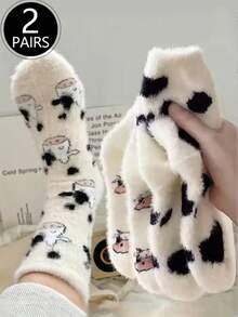 2 Pairs Of Cute Cow Patterned Plush Round Neck Fluffy Socks, Thick And Warm Coral Fleece Socks, Fluffy Socks, Soft And Comfortable, Suitable For Daily Wear, Christmas, Winter Home Warmth, Cozy - Multicolor - View 1