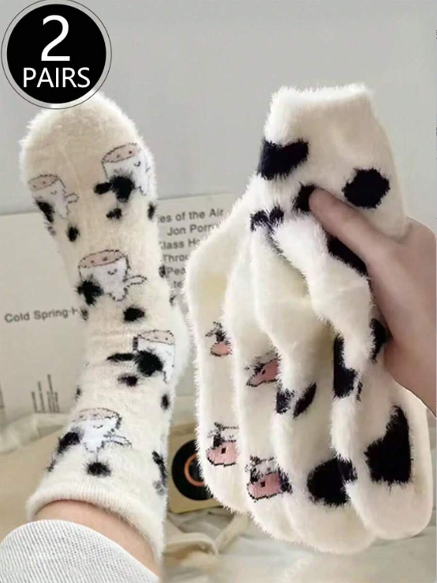 2 Pairs Of Cute Cow Patterned Plush Round Neck Fluffy Socks, Thick And Warm Coral Fleece Socks, Fluffy Socks, Soft And Comfortable, Suitable For Daily Wear, Christmas, Winter Home Warmth, Cozy - Multicolor - View 1