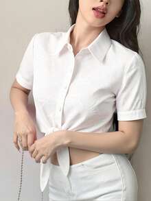Camisa suelta de manga larga, ligera y casual con cuello alto y botones, bordada, adecuada para salir   Liso    Bohemio  Casual    Botón  Nudo  Bordado de ojal - Blanco - Ver 3