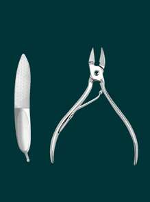 2 Pcs Stainless Steel Nipper, Ingrown , Nail File Double-Sided Buffing Block, Manicure & Pedicure Care Tools
