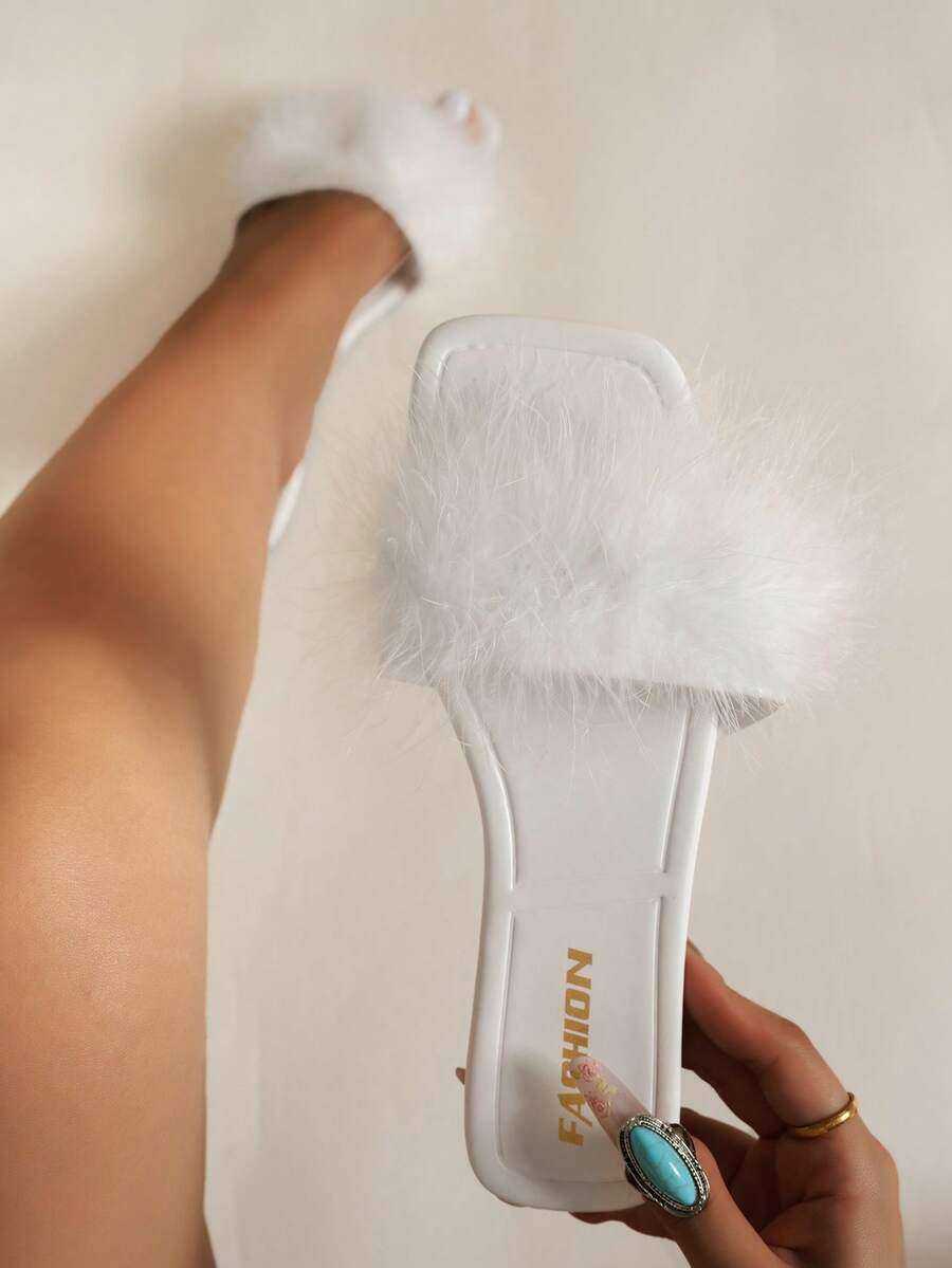 Women's Square Toe Flat Sandals, Fashion Party Slippers, Black, Sexy With Dresses, Spring/Summer - White - View 1