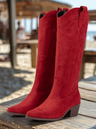 新款复古刺绣靴休闲西部靴粗跟防滑中筒靴舒适百搭骑士短靴秋冬