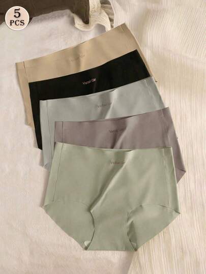 5pcs Women's Seamless Mulberry Silk Anti-Bacterial Crotch Yoga & Sports Briefs, Mid-Waist Triangle Shorts