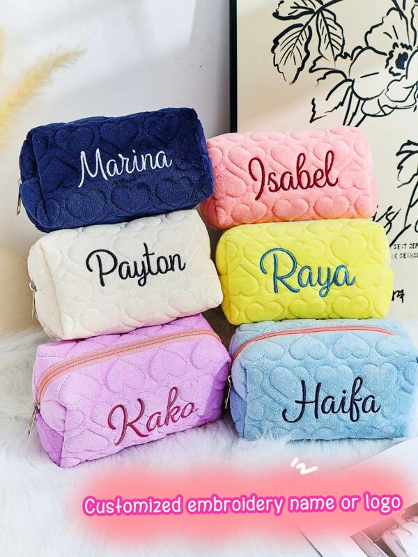 Embroidered Name Makeup Bag, Personalized Embroider Cosmetic Bag, Seersucker Makeup Bag, Makeup Bag Customization, Sanitary Napkin Storage Bag, Travel Makeup Bag, Personalized Storage Bag