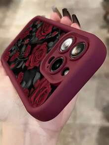 1pc Red Rose Pattern Silicone Matte Shockproof Full Cover Phone Case Compatible With IPhone 16/16E/15/14/13/12/11/Pro Max/X/Xs/Xr/Xs Max/7/8/7 Plus/8 Plus