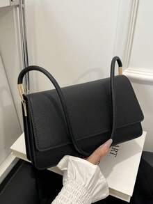 Crocodile Embossed Flap Shoulder Bag, Solid Color Commuter Bag For Daily Use - Black - View 3