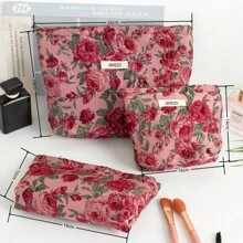 Red Rose Floral Pattern Handbag Cosmetic Pouch, Portable Sanitary Napkin Organizer Bag, Large Capacity Wallet, Zipper Storage Bag For Travel & Makeup Brushes