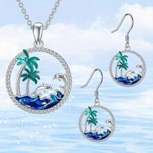 Summer Ocean Palm Tree Hollow Design Necklace & Earring Jewelry Set, Palm Tree, Sea Wave, Mother-Child Dolphin Pendant Necklace, Gift For Women, Girlfriend, Mom