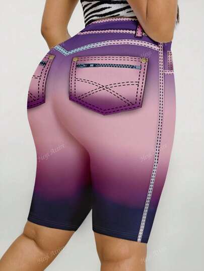 Plus Size Women High Elastic Tight Shorts With Full Body Ombre Color Print Pattern, Ladies Casual Comfortable Fashion Knit Bermuda Pants For Outdoor Sports