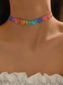 1PC Y2K Rainbow Heart Choker Necklace For Women Festival Jewelry Accessories - Multicolor - View 2