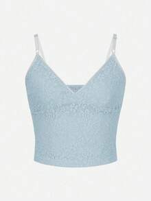 Canotta aderente in pizzo con scollo a V, stile Y2K, abbigliamento autunnale da donna - Blu - Visualizzare 3